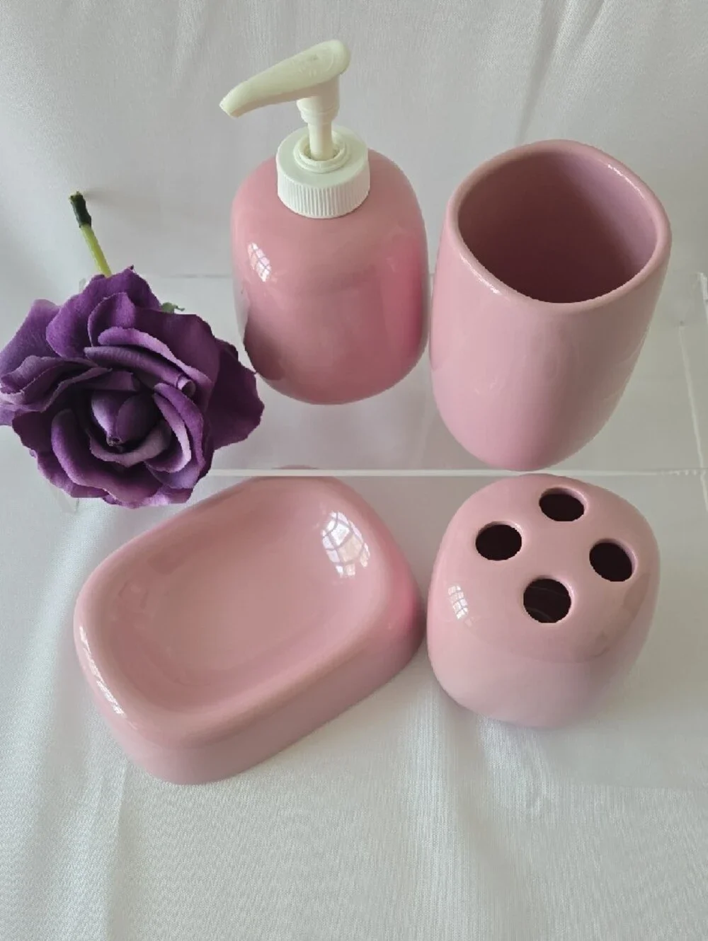 Pink Ceramic Bathroom Set 4‑Pc - Soap Dispenser, Holder, Tumbler & Soap Dish